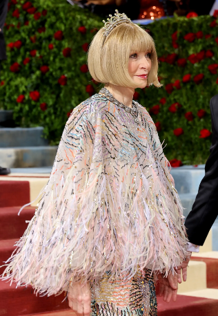 Anna Wintour in Chanel. Finally the belle of the ball, Anna Wintour the editor-in-Chief of Vogue since 1988 and Global Chief Content Officer for Condé Nast since 2020. She has organized and presided over the Met Gala since 1995. This look is strikingly similar to what Lily Allen wore. Thus it must be asked, who wore the shag carpet better? 