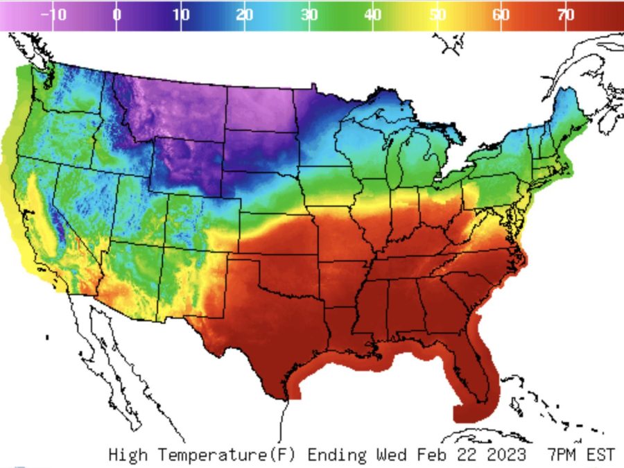 A map showing high temperatures for Wednesday reveals the anomalies of the late February weather pattern, with forecasters predicting record highs and record lows this week.
National Weather Service / Screenshot by NPR